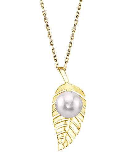 14K Gold Japanese Akoya Pearl Leaf Pendant - Third Image